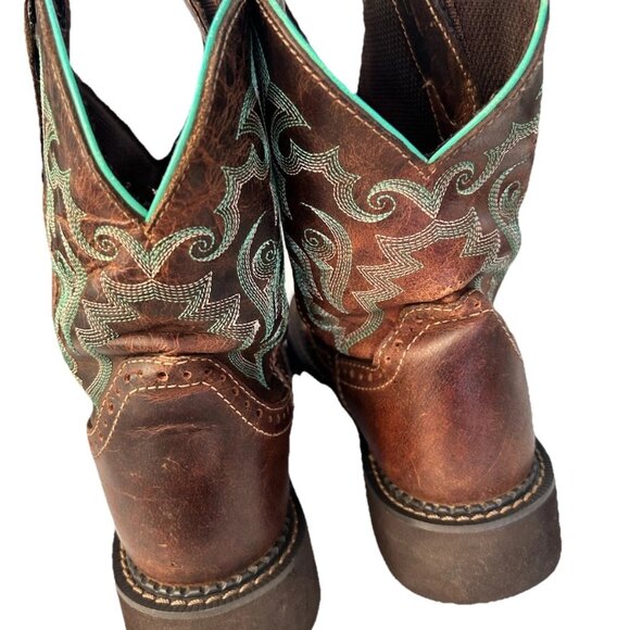 Justin Gypsy Brown Leather Teal Embroidered Cowboy Boots Womens Size 6B Boho - Picture 4 of 13